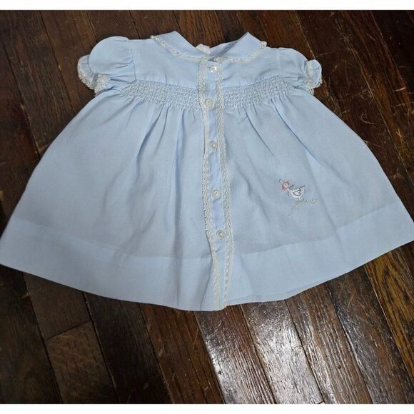 Vintage Light Blue Dainty Lace Embroidered Duck Baby Dress - Picture 4 of 12